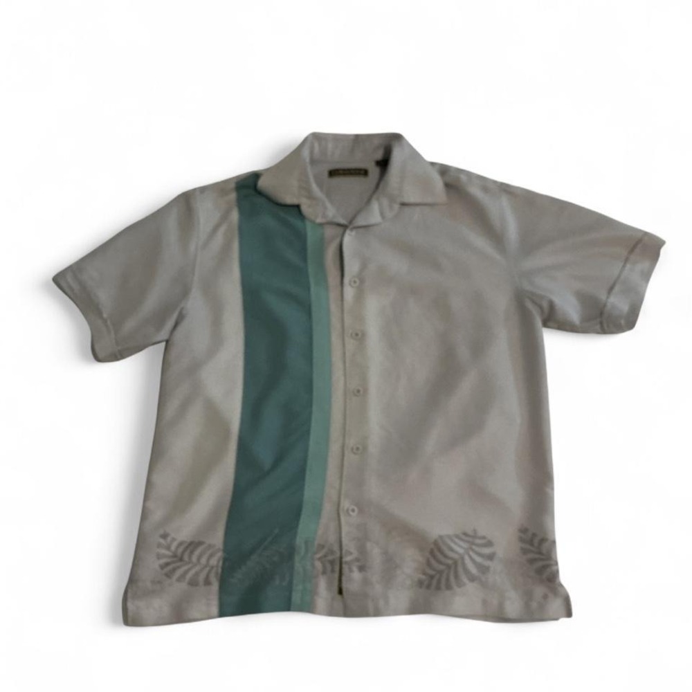 Cubavera Button Down Shirt Men Medium Grey Excellent Embroidered Tropical Stripe